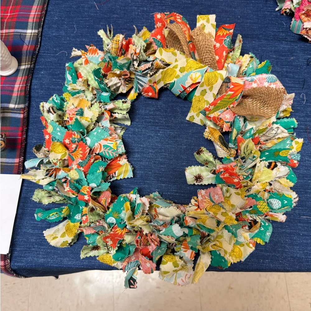 Colorful Fabric Wreath with Burlap Bow